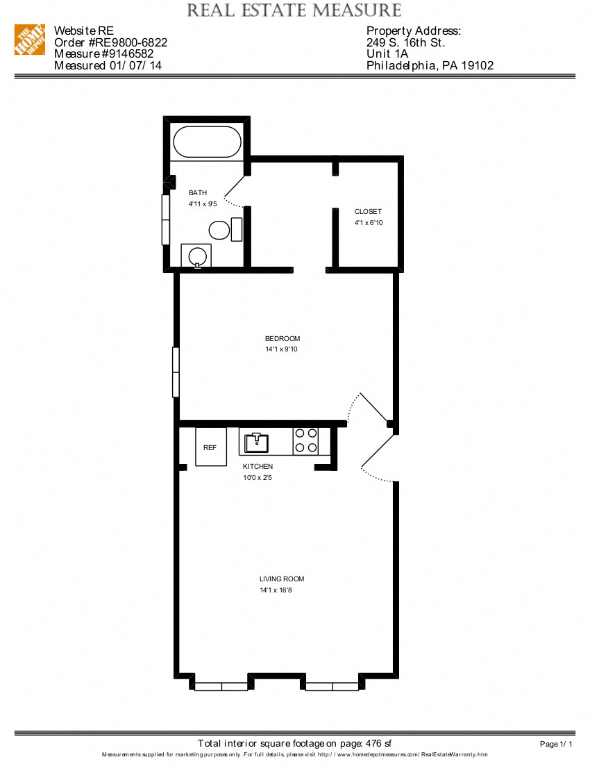 Floor plan for 1 bed, 1 bath, 500 sqft
